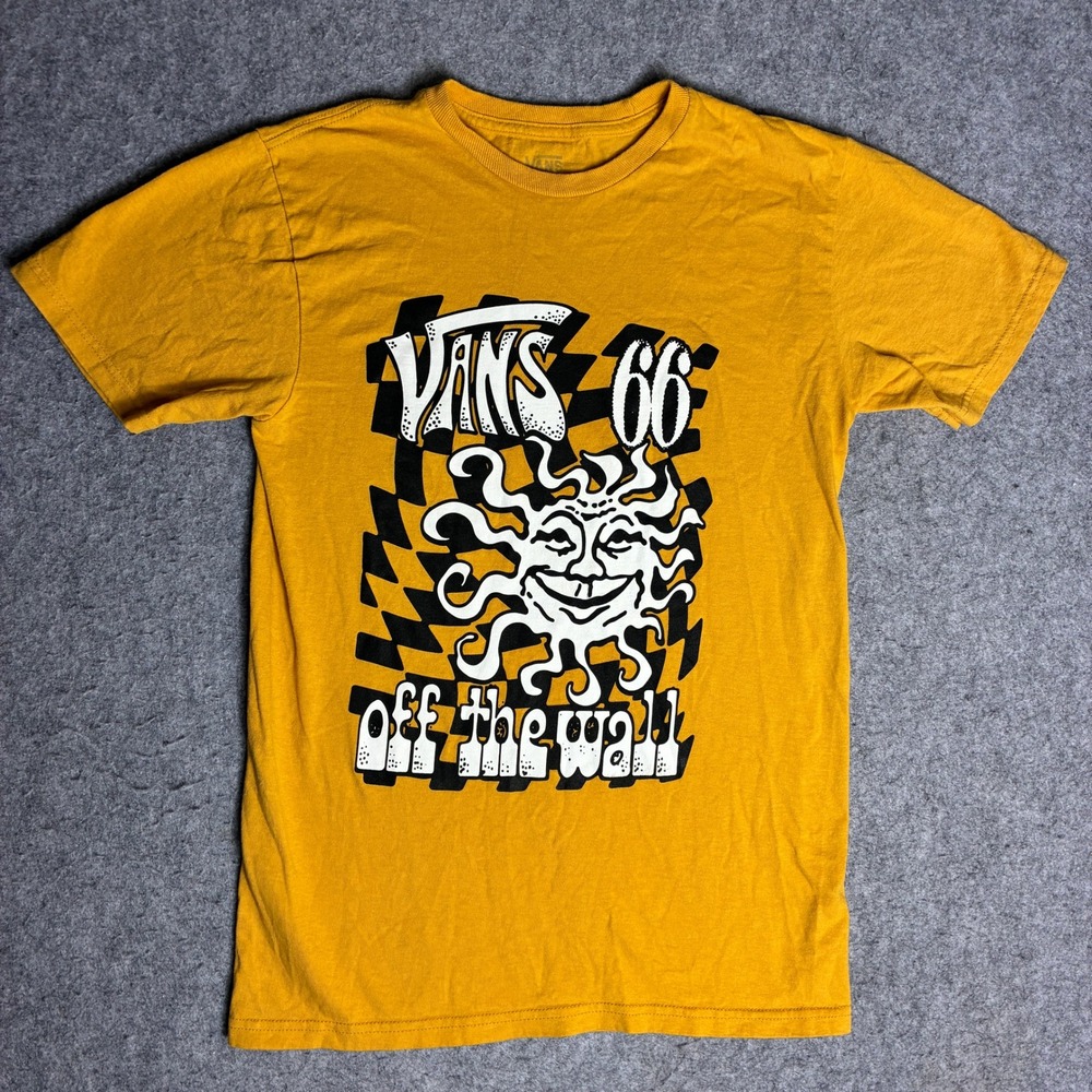 Vans Off The Wall Sun Checkerboard Graphic T-Shirt Mustard Yellow Mens Small